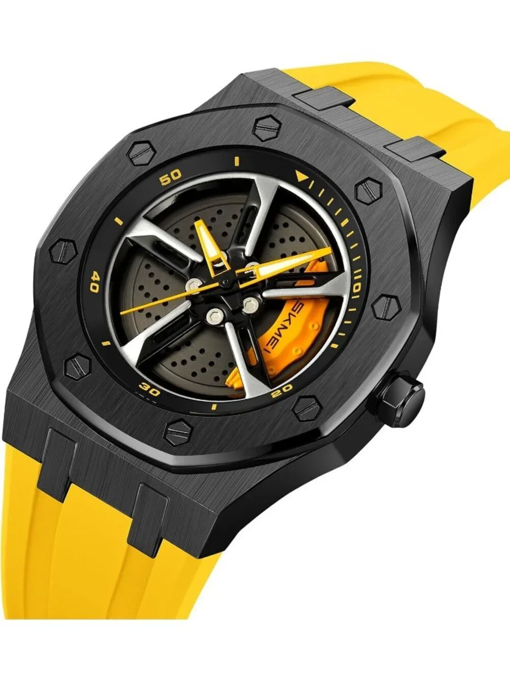 Men's Yellow Analog 3D Spinning Car Wheel Rotating Design Stainless Steel Watch